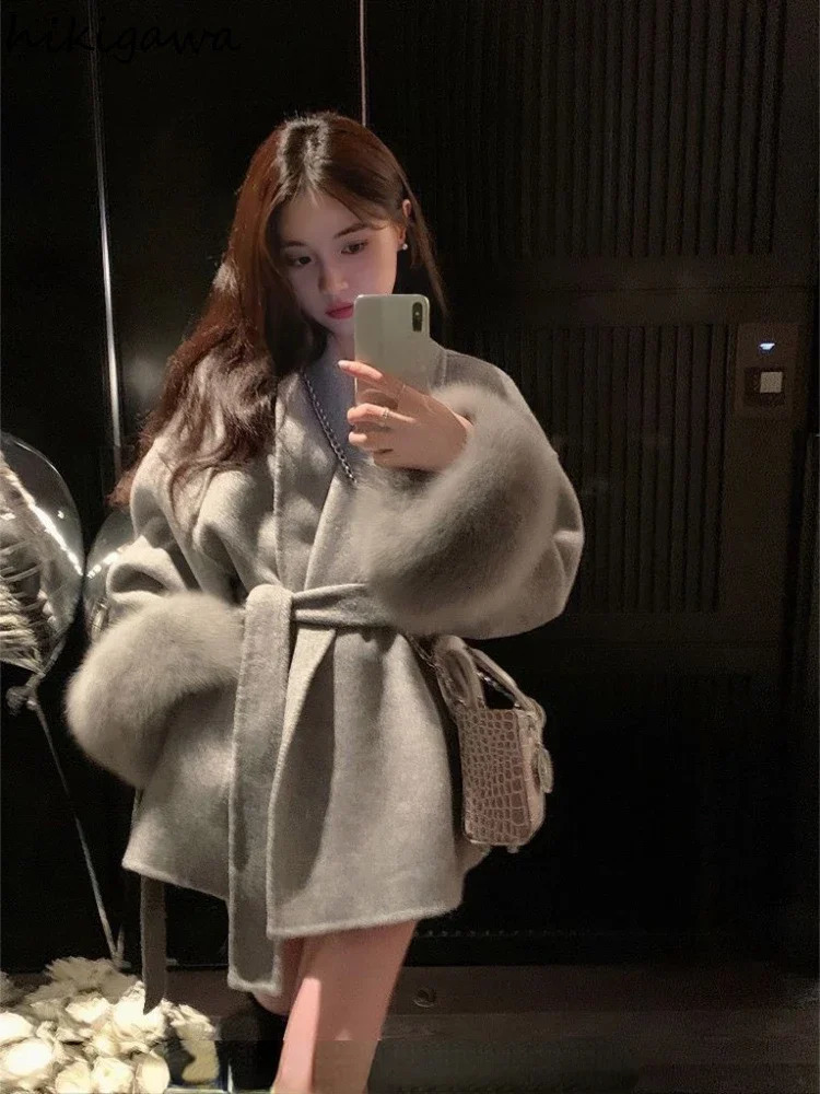 Fashion Coats for Women Patchwork Furry Long Sleeve Bandage Outwear Korean Y2k Clothing Temperament Solid Color Jackets 241121