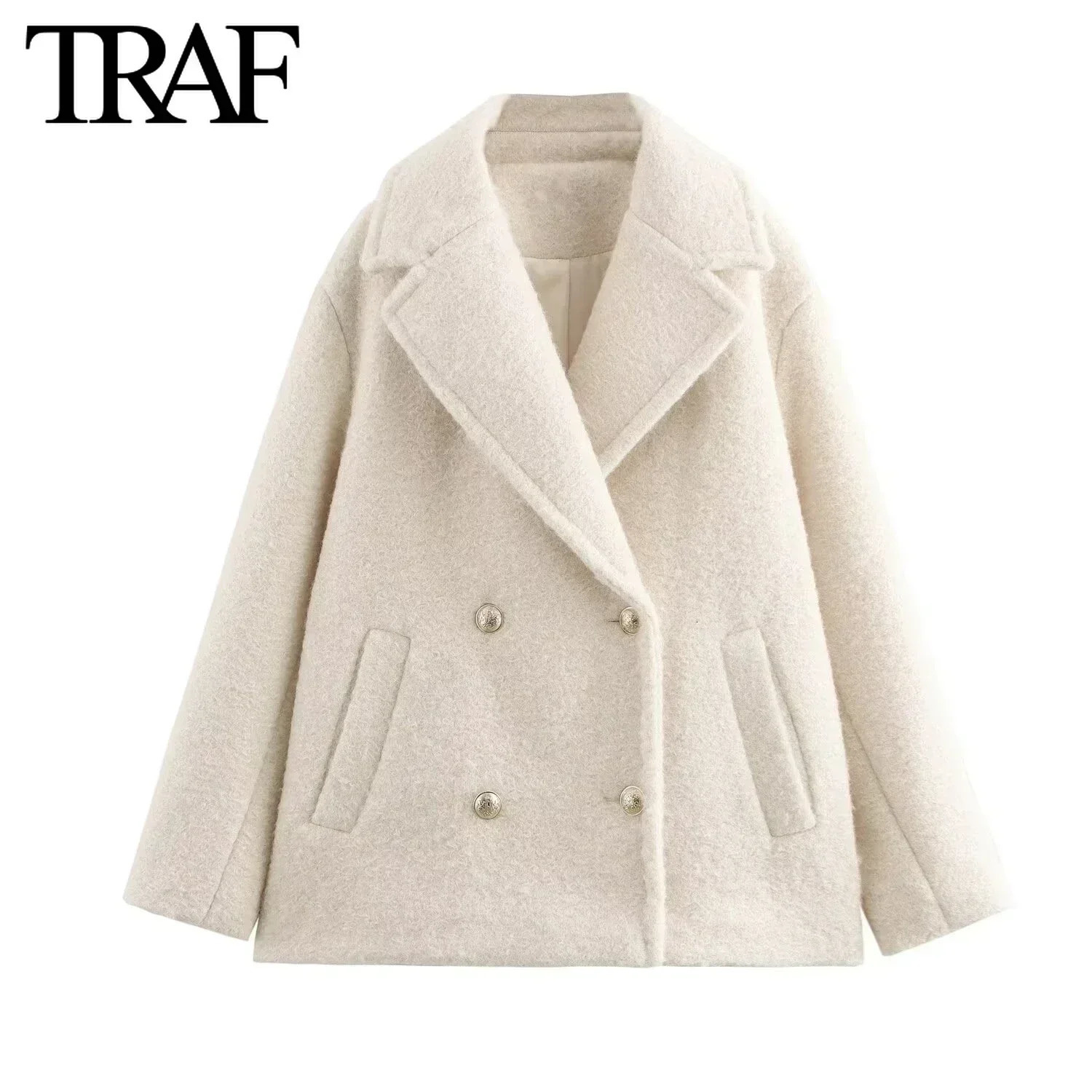 TRAF White Wool Blend Jacket Women Fashion 2024 Autumn Winter Double Breasted Lapel Long Sleeved Warm Short Coats 241121