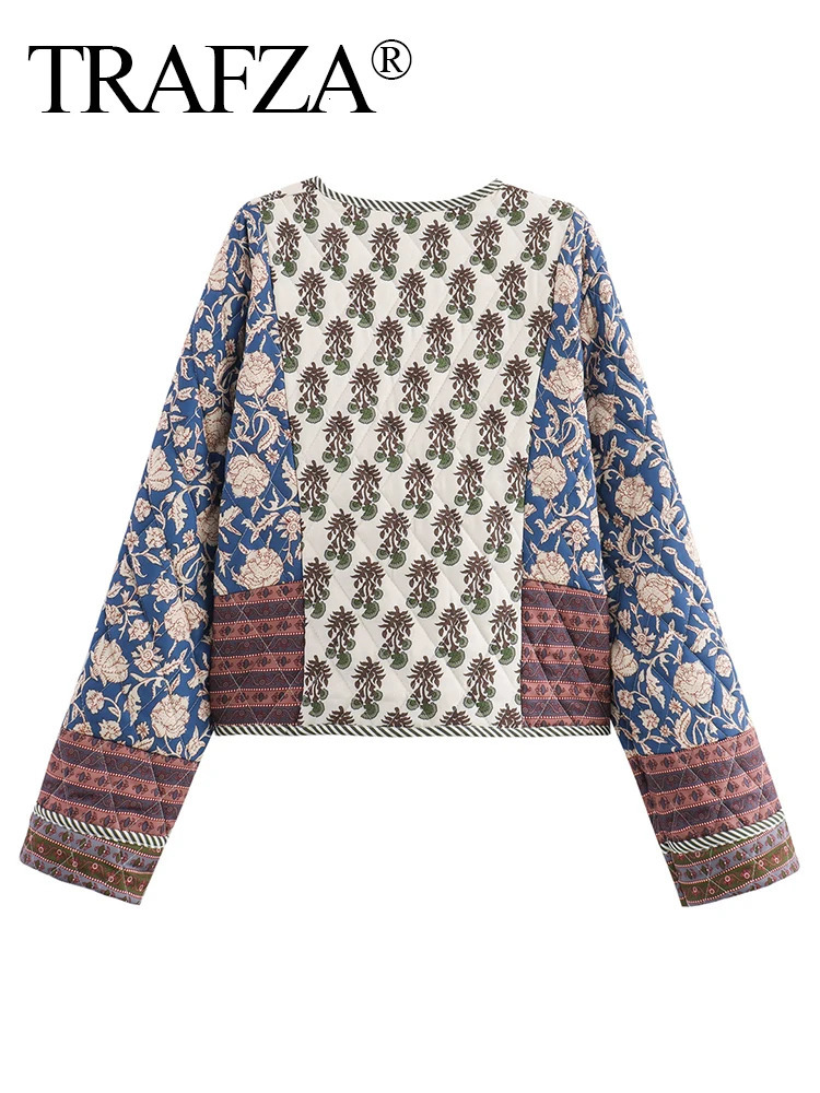 TRAFZA Vintage Womens Print Patchwork Cotton Jacket 2024 Quilted Long Sleeve Loose Short Warm Coat Autumn Winter Female Outwear 241120