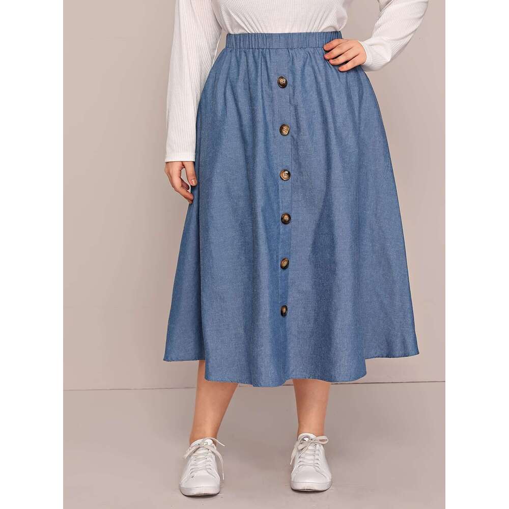 Elegant button up front skirt with elastic waistband solid color, non stretchy polyester blend, machine washable - suitable for all seasons