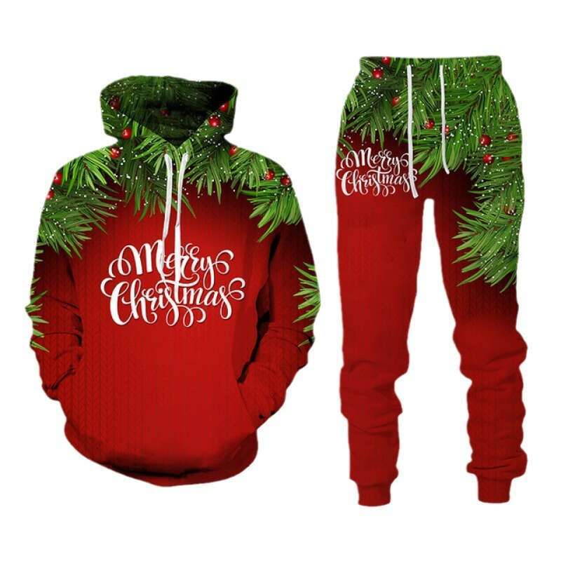 Autumn winter new set Christmas series 3D digital printing casual loose hooded sweatshirt and pants