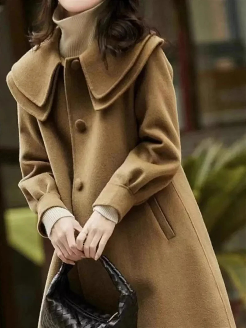 Womens Wool Coat 2023 Autumn Winter Korean doll Double layered collar Mid length Single breasted Femme Woolen Outerwear 241121