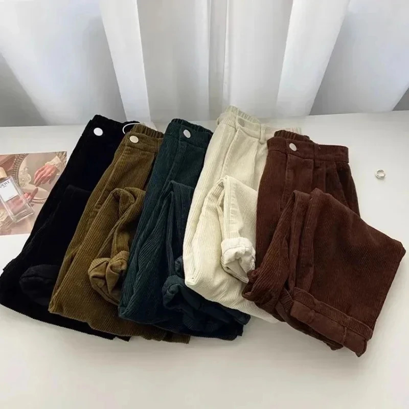 Retro High Waist Corduroy Pant Spring Fall Straight Causal Full Length Trousers Korean Fashion Baggy All Match Black 241121Z