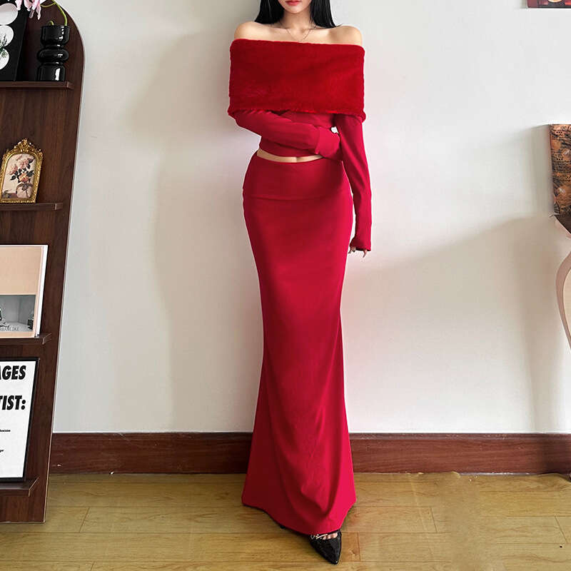 2024 Autumn/Winter New Women's Fashion Sexy One Collar Open Umbilical Long Sleeve Top with Temperament, Slimming and Hip hugging Skirt