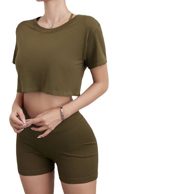 Summer Threaded Sexy Y-shaped Back Bra Yoga Suit Running Sports Fiess 3-Piece Set