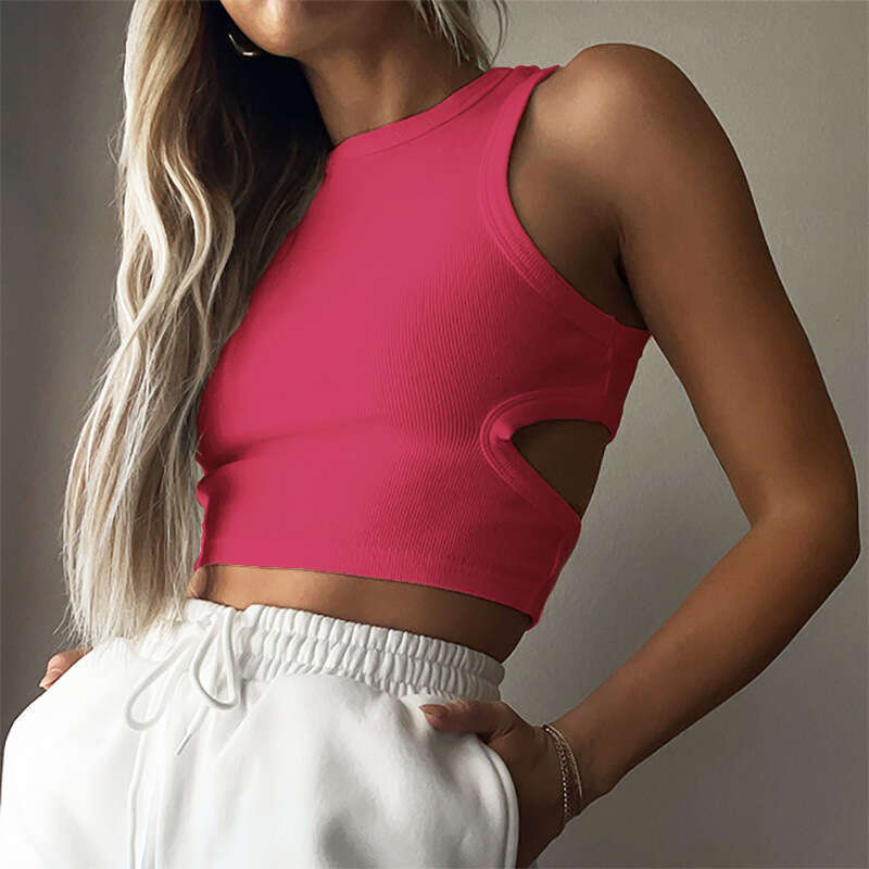New summer women's sports short cut with exposed navel and hollowed out sleeveless top, herringbone vest
