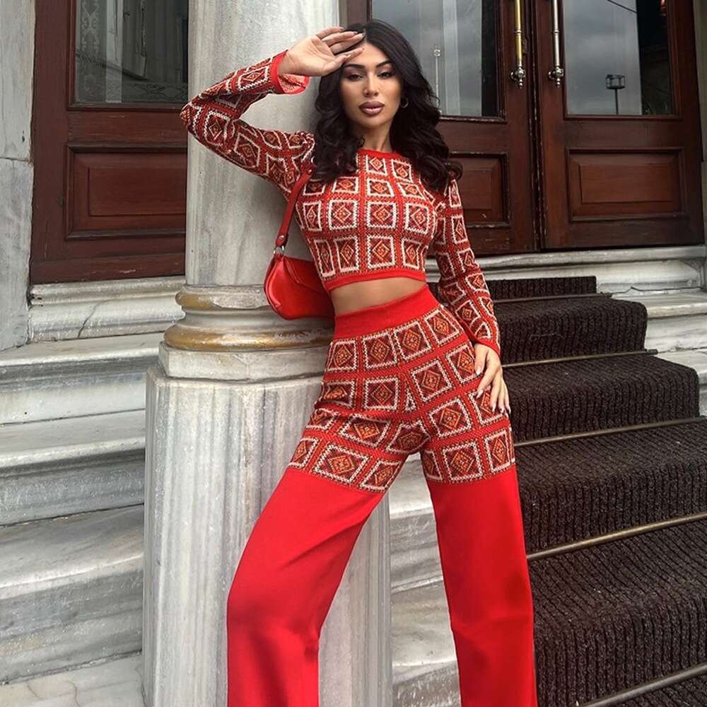 Women's autumn and winter ethnic style printed checkered long sleeved short top, high waist straight leg pants set