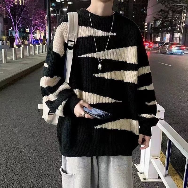 New striped color blocked men's autumn and winter round neck knitted sweater designer winter sweater trend hoodie