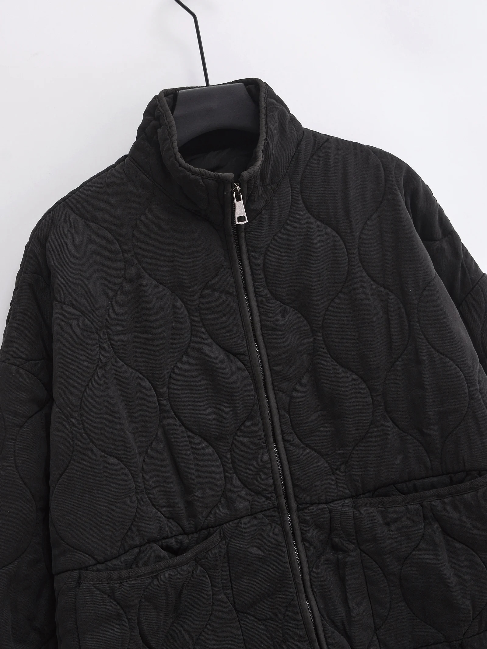 KAOPU ZA Womens fashion AutumnWinter quilted pocket zipper cotton coat jacket for women vintage highneck longsleeved jackets 241125