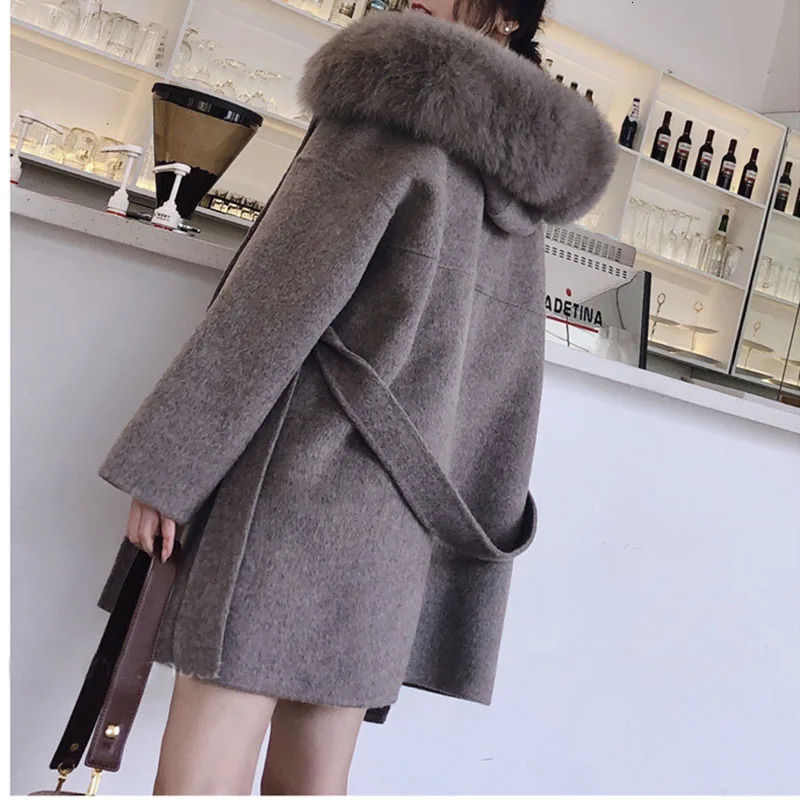 Korea Hooded Cashmere Long Coat With Hood Real Fur Trim Women Warm Large Jacket Female Outwear Spring Loose 241121