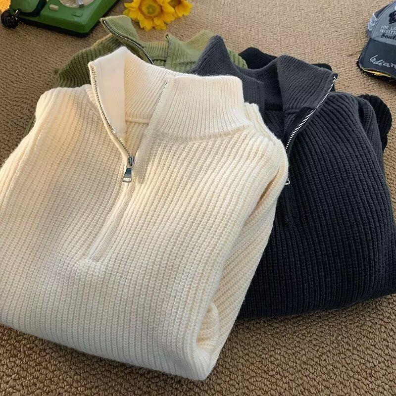 New Zipper High Neck Men's Winter Collection Solid Color Knitted Sweater Lazy Korean Versatile Casual Designer Jacket
