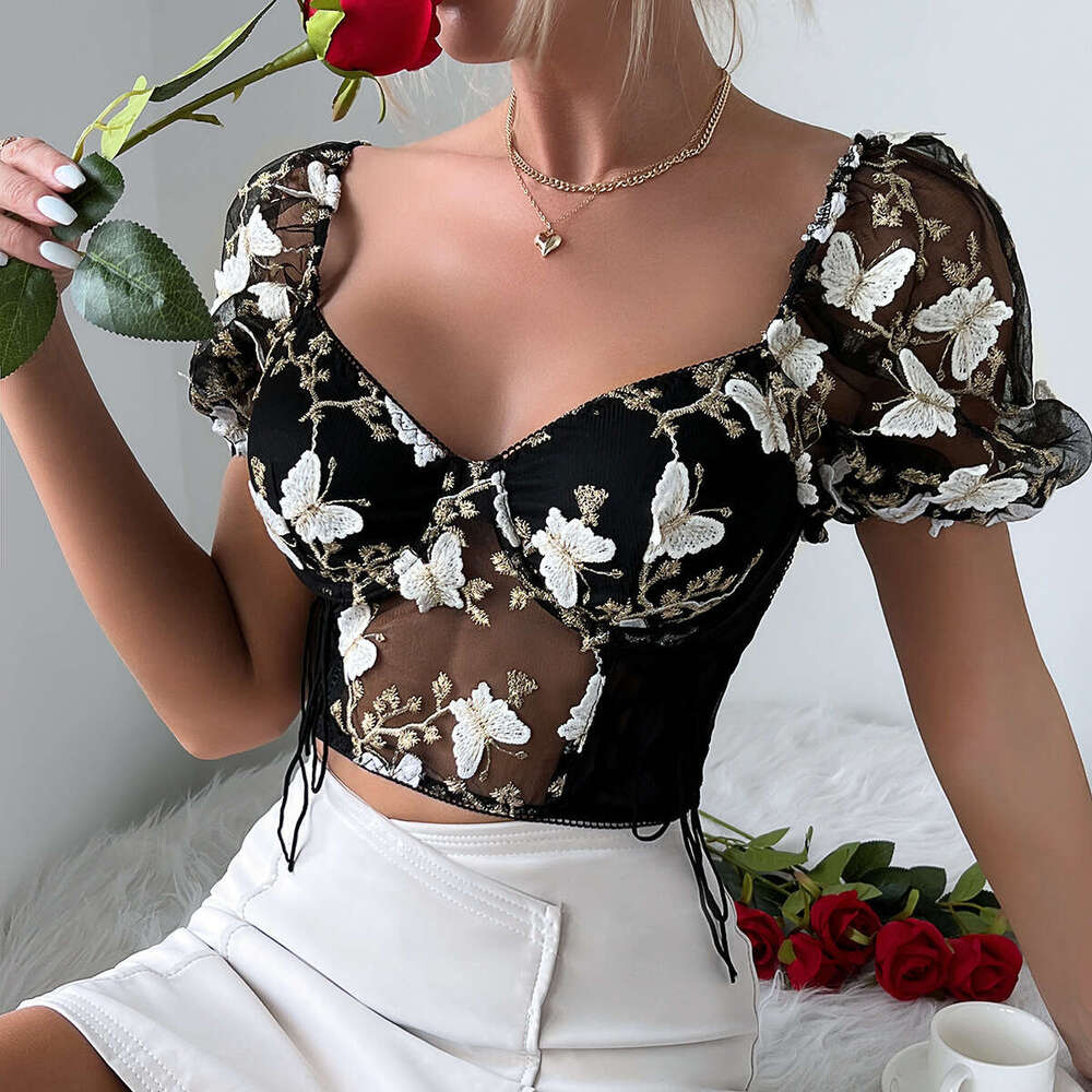 New Spicy Girl Open Back Perspective Butterfly Embroidery Hanging Strap Spliced Mesh Small Tank Top 10622