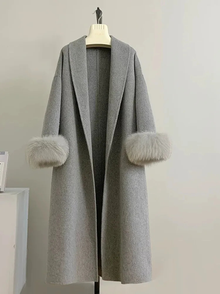 EOEN Womens Long Lapel Doublesided 2024 Autumn And Winter Item Solid Color Simple Detachable Cuffs Fur Wool Coat 241121