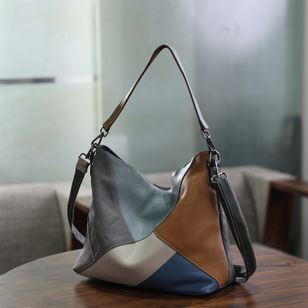 Handmade top layer cowhide contrasting shoulder crossbody with genuine leather splicing color large capacity women's bag