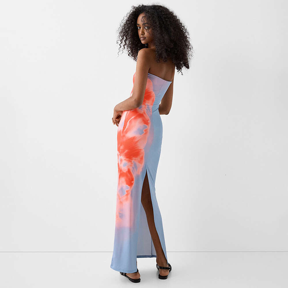 New sexy strapless printed bag hip slit dress for trendy women's clothing, children's seaside