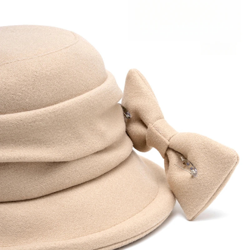Womens Cotton Blend Fall Winter Bucket Hat 58cm Solid Color with Bow Small Brim Flat Top Fedoras 241125