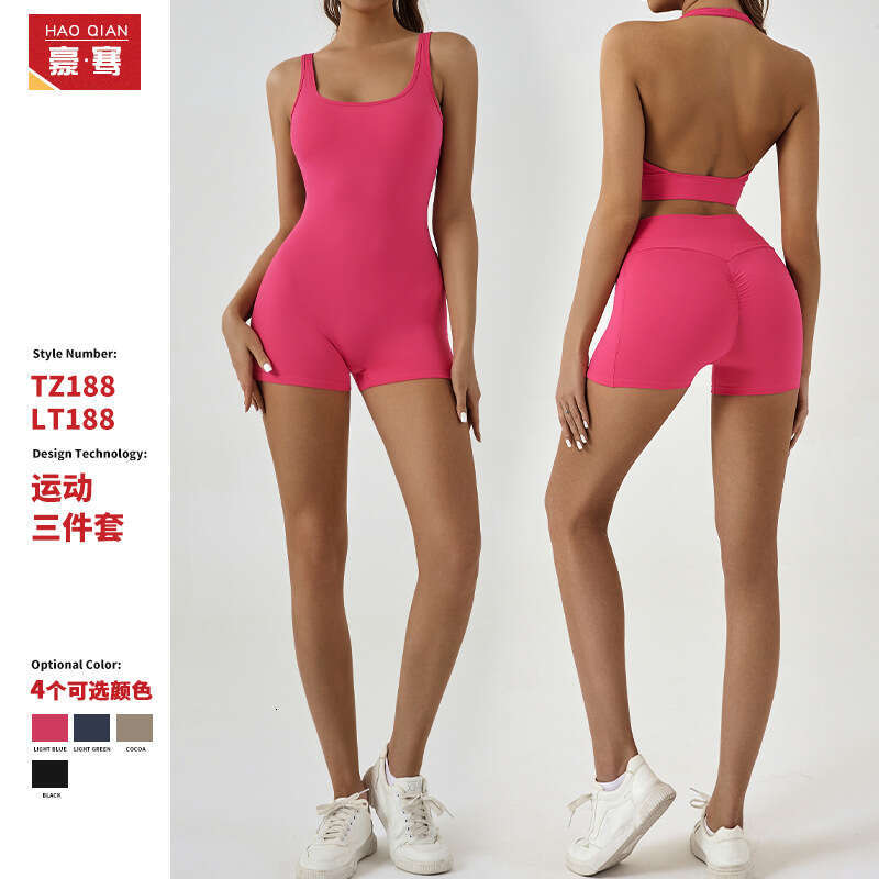 European and American solid color tight fitting sleeveless vest sports fiess running jumpsuit, three part pants, yoga suit