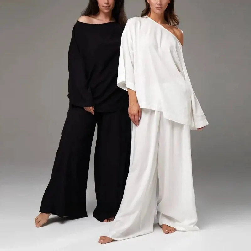French Loose Women Two Peice Sets O-Neck Long Sleeve Tops + High Wasit Wide Leg Pants White Color Casual Fashion Outfits Suits