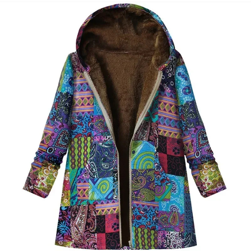 Womens Floral Jacket Large Size Warm Plush Retro Oversized Hooded Coats and Zip Coat 241121