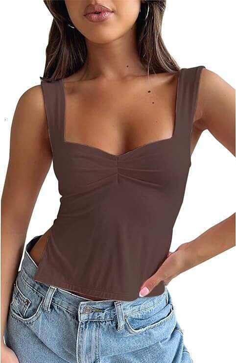 Qi Duo Women's Square Neck Solid Color Sexy Versatile Tank Top Can be Underlaid, Slim Fit with Open Waist