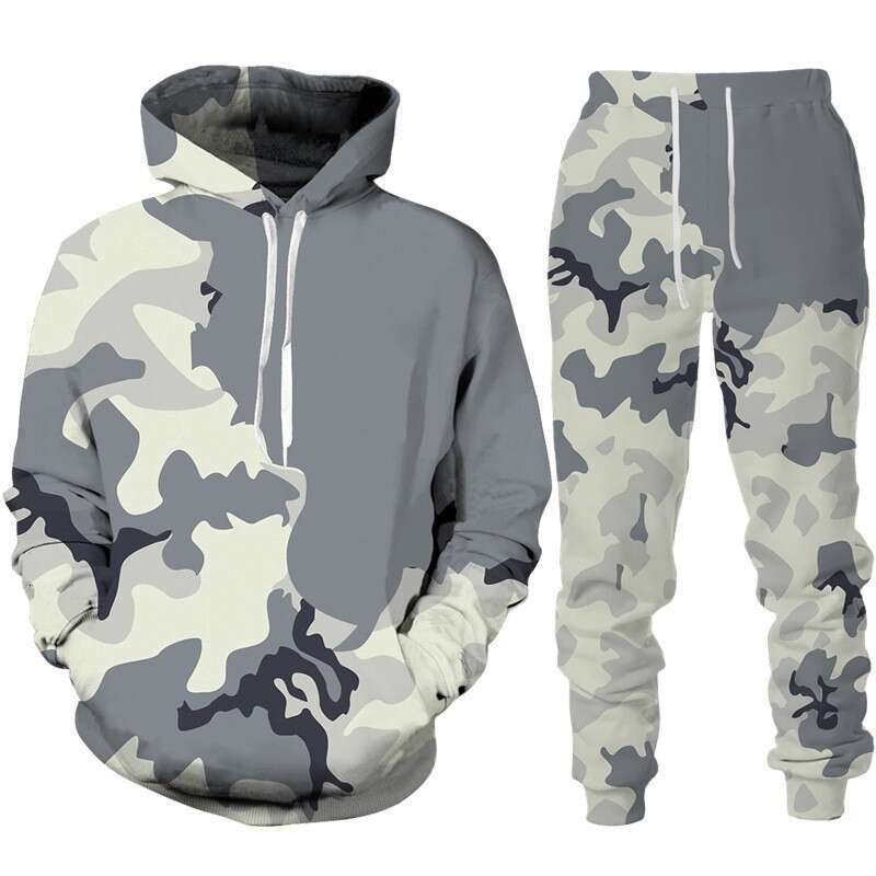 2024 autumn and winter new camouflage 3D digital printing daily men's hooded casual loose hoodie set