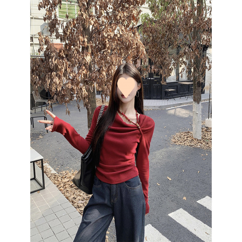 New Angola Red Bead Long Sleeve Knitted Women's Early Autumn New Tie up Folding Slim Fit Top Slant Shoulder Designer Sweater