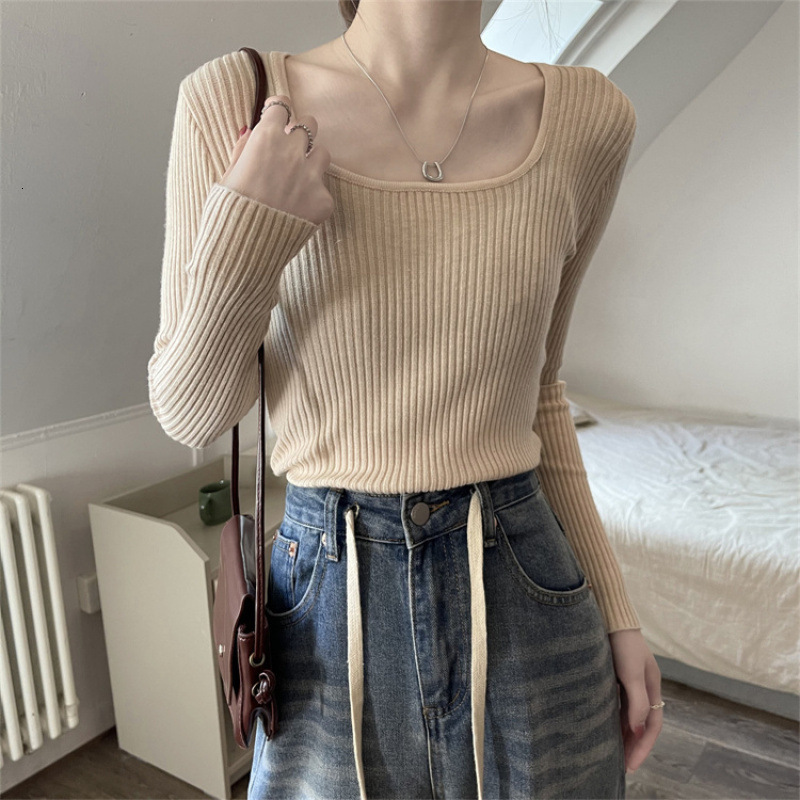 Square neck women's autumn and winter new style long sleeved short sleeved slim fit inner sleeve pullover sweater black bottom knitted designer s