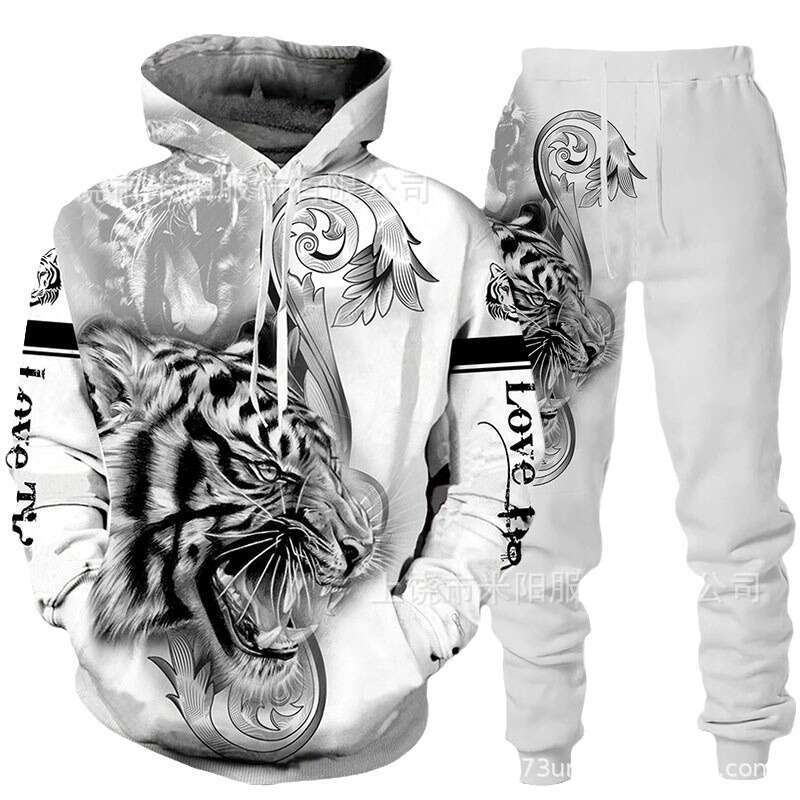2024 new tiger 3D printed hooded casual loose hoodie set for spring autumn European and American men's hoodies