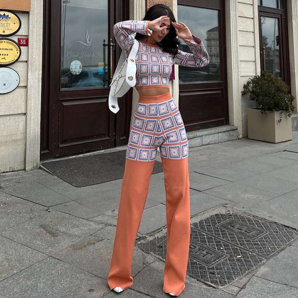 Women's autumn and winter ethnic style printed checkered long sleeved short top, high waist straight leg pants set