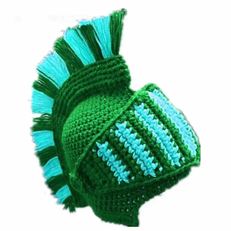 Men Women Funny y Knitted Roman Knight Helmet Hat Contrast Color Tassel Barbarian Crochet Earflap Beanie Skull Cap 241125