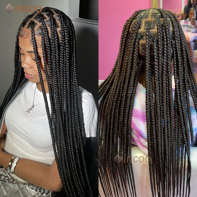 36" Full Synthetic Long Braided Wigs With Baby Hair 360 Lace Front Box Braids Black Mix Bury Wig