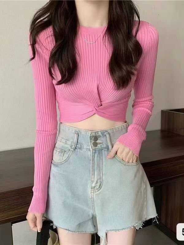 New Korean version women's cross long sleeved T-shirt knitted sweater design sense designer niche slim fit short top