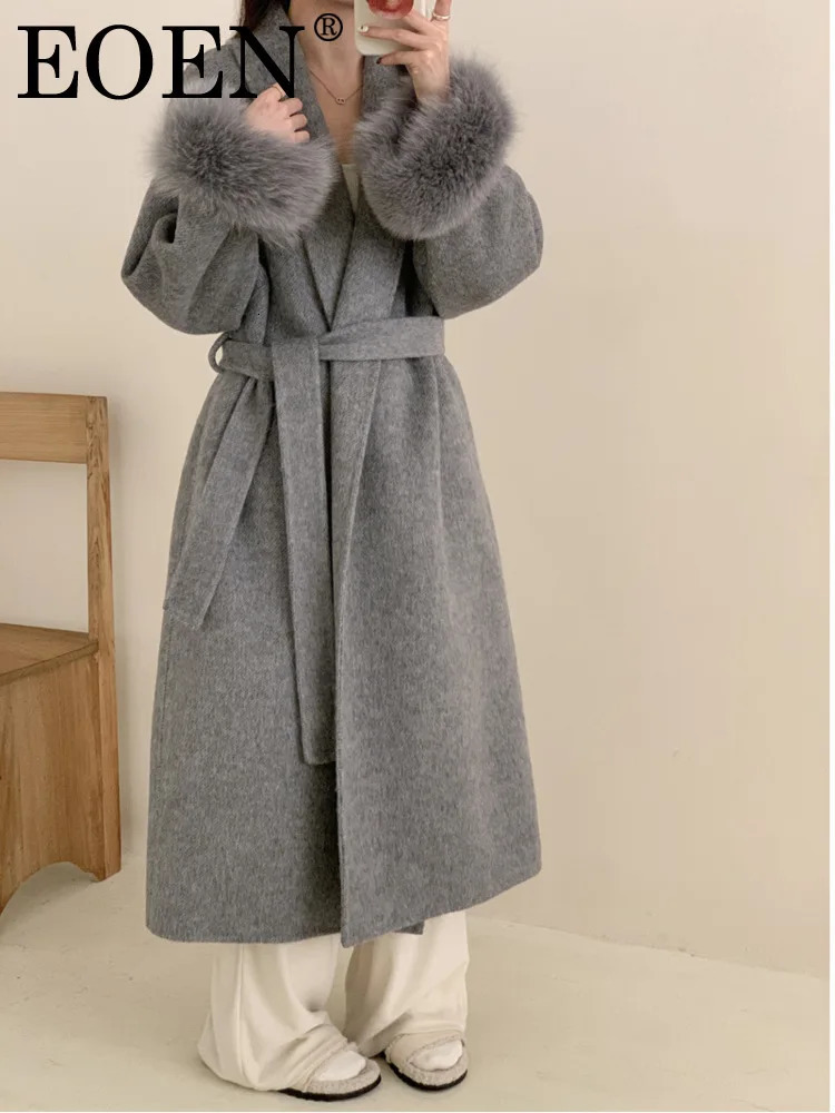 EOEN Womens Long Lapel Doublesided 2024 Autumn And Winter Item Solid Color Simple Detachable Cuffs Fur Wool Coat 241121