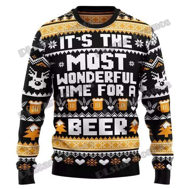 Autumn Winter Happy Beer 3D Digital Printing Ugly Christmas Men's and Women's Casual Round Neck Hoodie