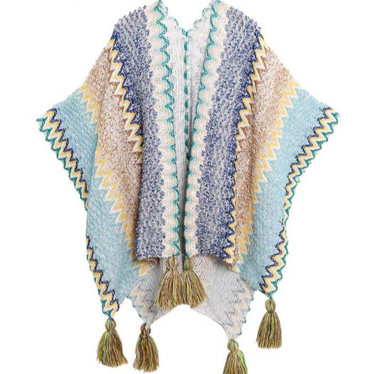 New ethnic style shawl pullover, tassel cardigan, colorful loose textured knitted sweater, designer cape jacket