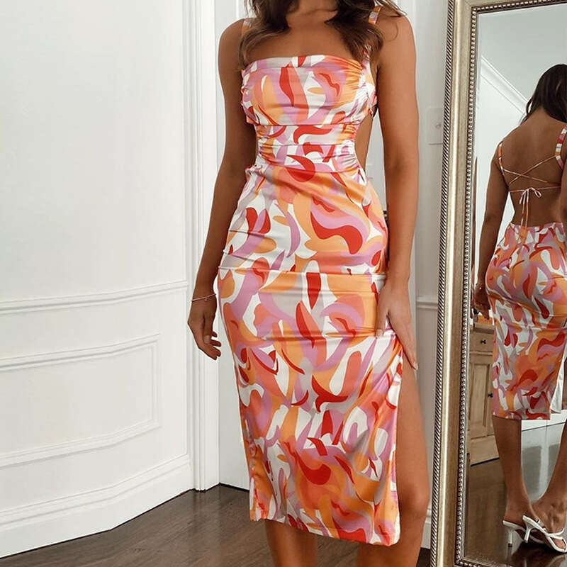 Wind Women's 2024 Summer New Fashion Print Backless Tie Slim Hanging Dress