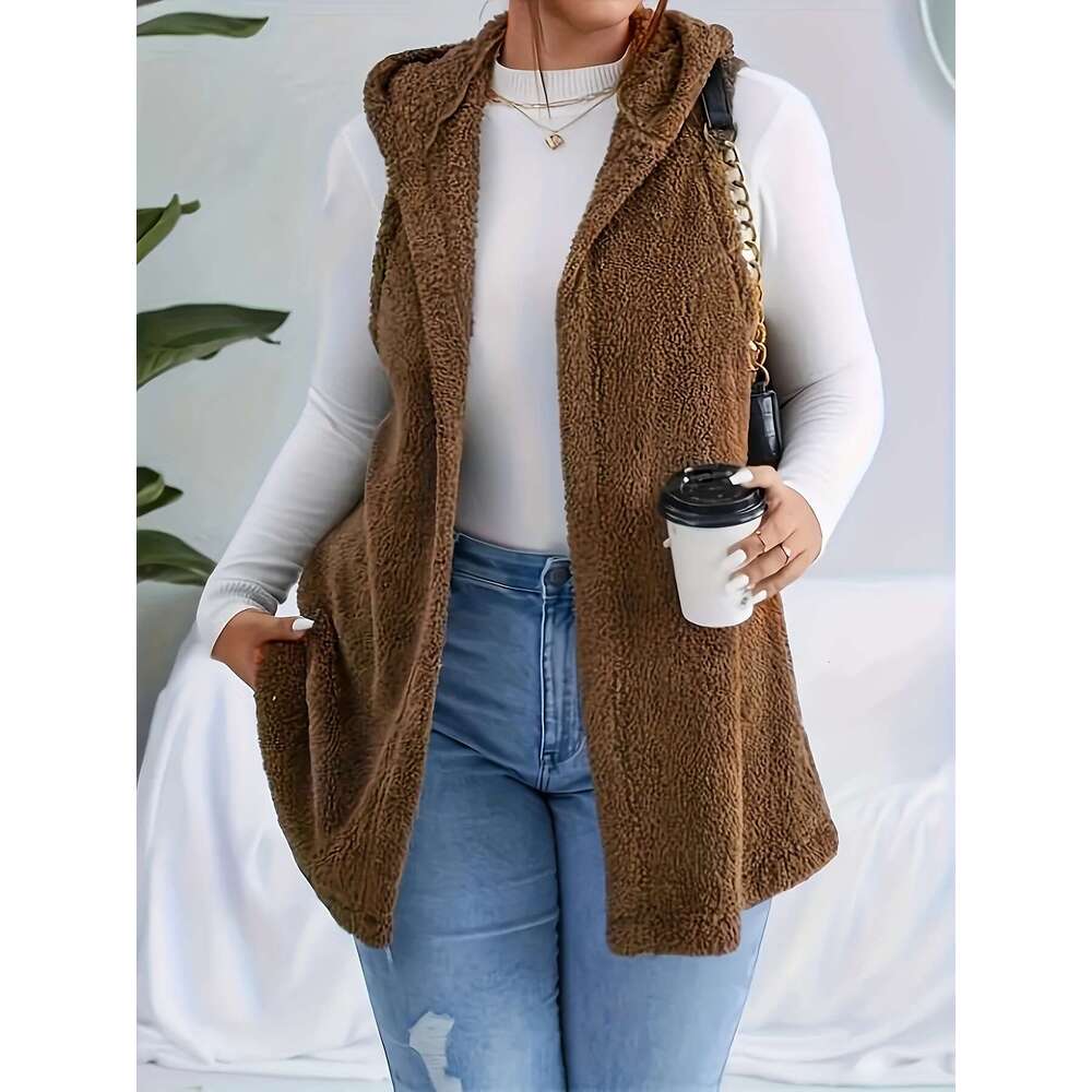 Plus solid color plush open top vest elegant warm hooded sleeveless jacket, suitable for autumn and winter, women's plus size clothing
