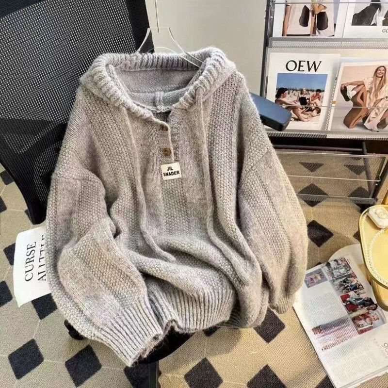 New autumn and winter Korean loose lazy style hooded women's sweater, new soft glutinous rice pullover sweater, drawstring designer knitted sport
