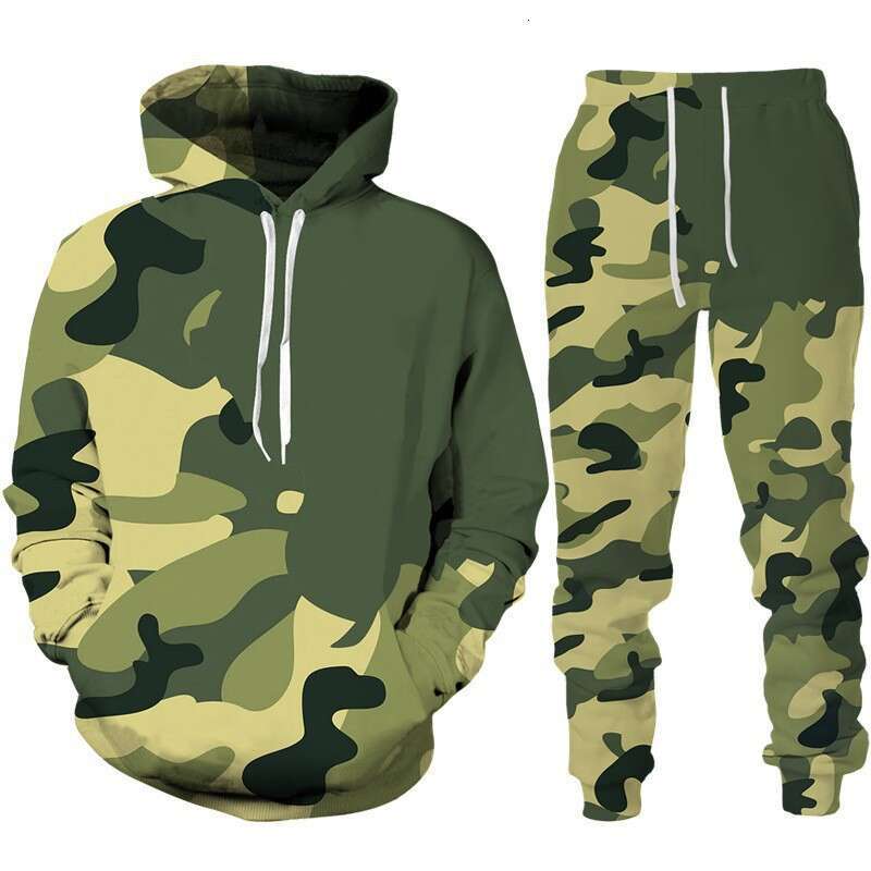 2024 autumn and winter new camouflage 3D digital printing daily men's hooded casual loose hoodie set