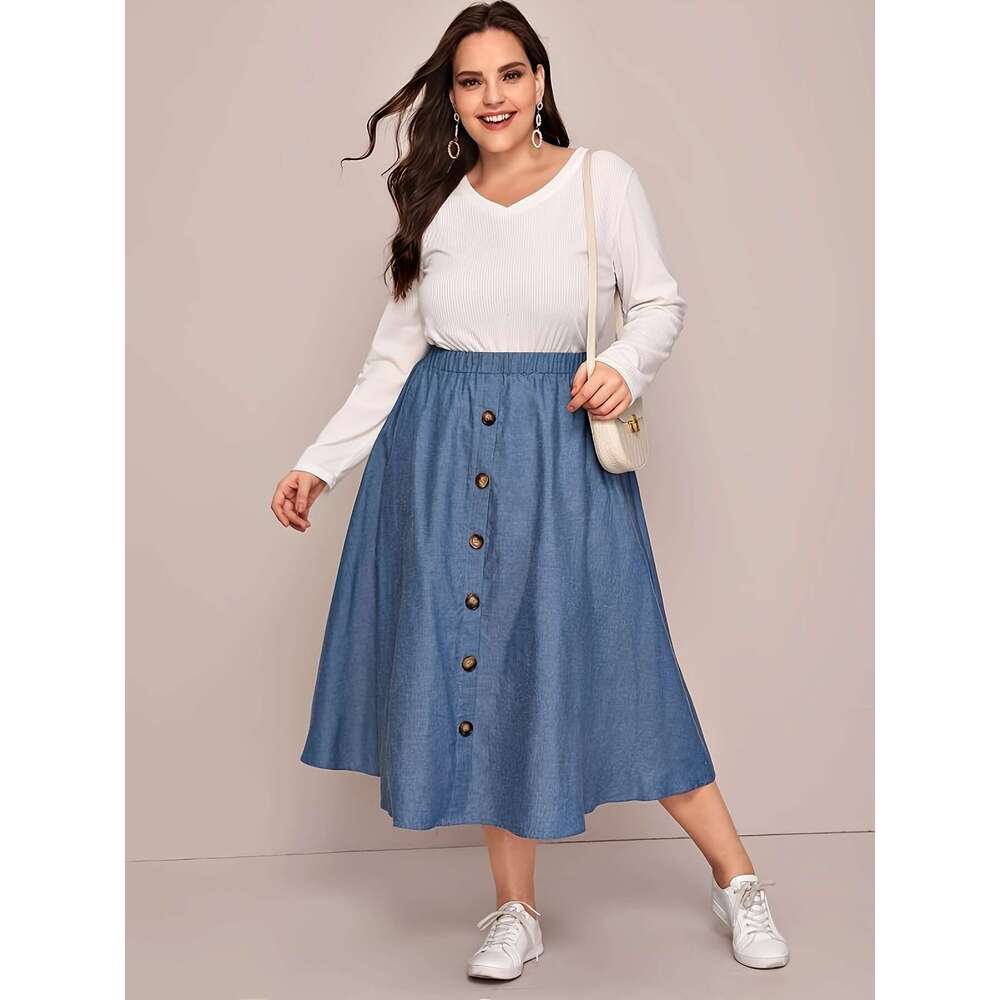 Elegant button up front skirt with elastic waistband solid color, non stretchy polyester blend, machine washable - suitable for all seasons