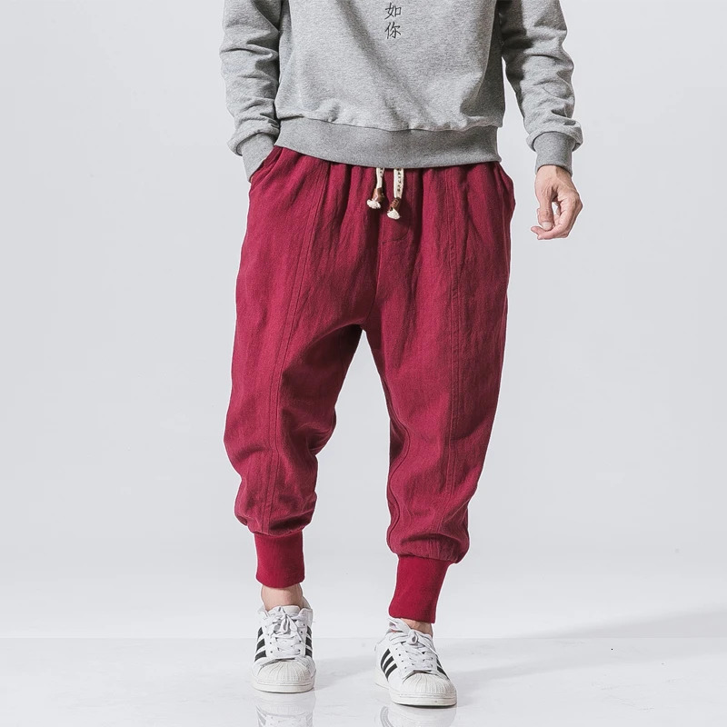Spring Casual Oversize Harem Pants Men Streetwear Solid Color Harajuku Baggy Cotton Linen Elastic Waist Joggers For Man 241120