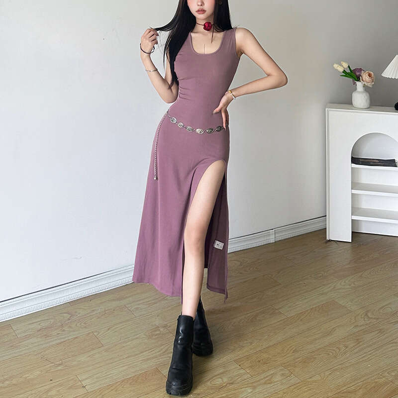 2023 Women's Spring Summer New Fashionable and Sexy Solid Color High Waist Long Split Dress for Women