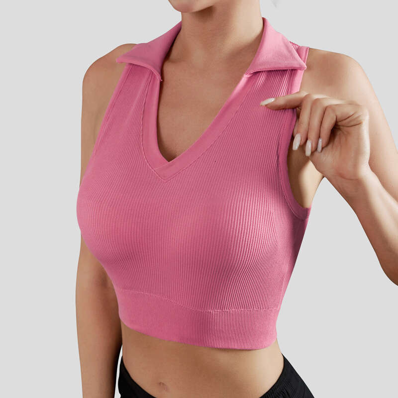 New one-piece sport ribbed top, breathable bra, lapel, sports knit yoga suit