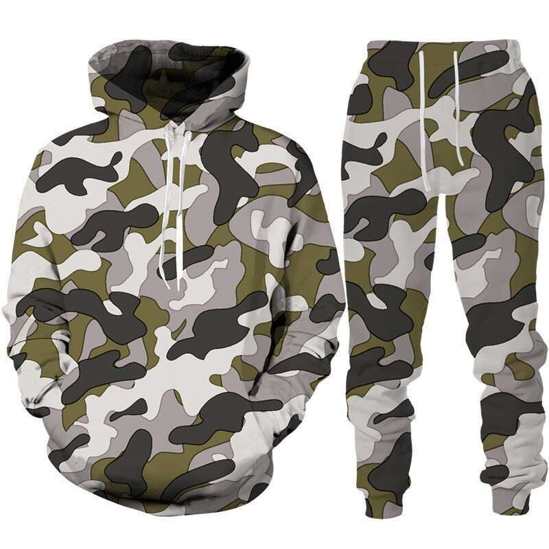 2024 autumn and winter new camouflage 3D digital printing daily men's hooded casual loose hoodie set