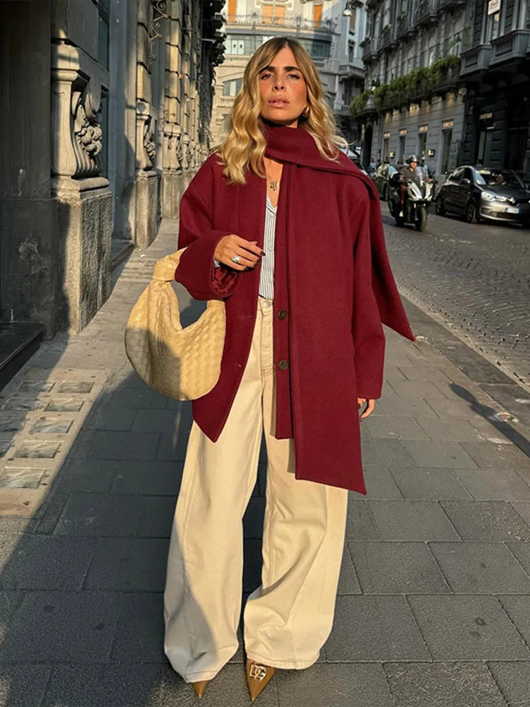 Burgundy Red Woolen Suit Jacket With Scarf Collar Women Chic Oversized Flip Pockets Solid Coats High Street Lady Streetwear 241121