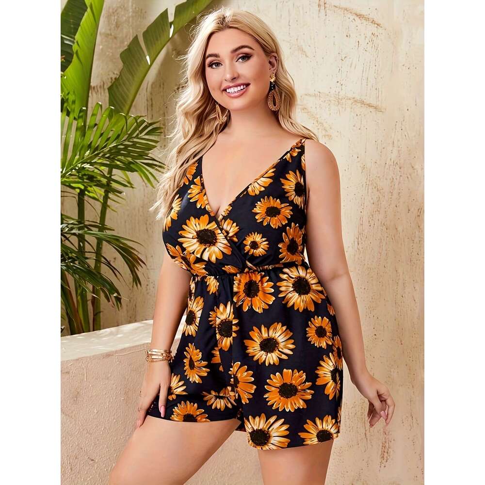 Large floral print tank top summer vacation V-neck sleeveless jumpsuit, women's plus size clothing