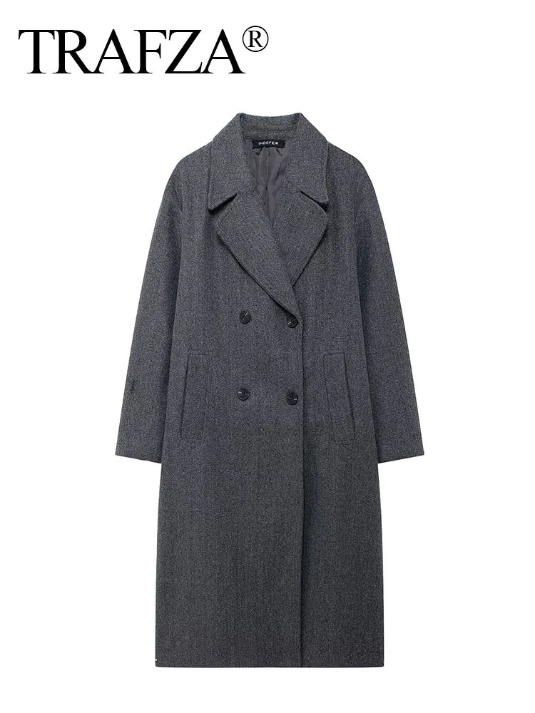 TRAFZA Woman Winter Warm Long Outwear Chic Elegant Women Solid Grey Sleeve Pockets Double Breasted Woolen Coat 2024 241121