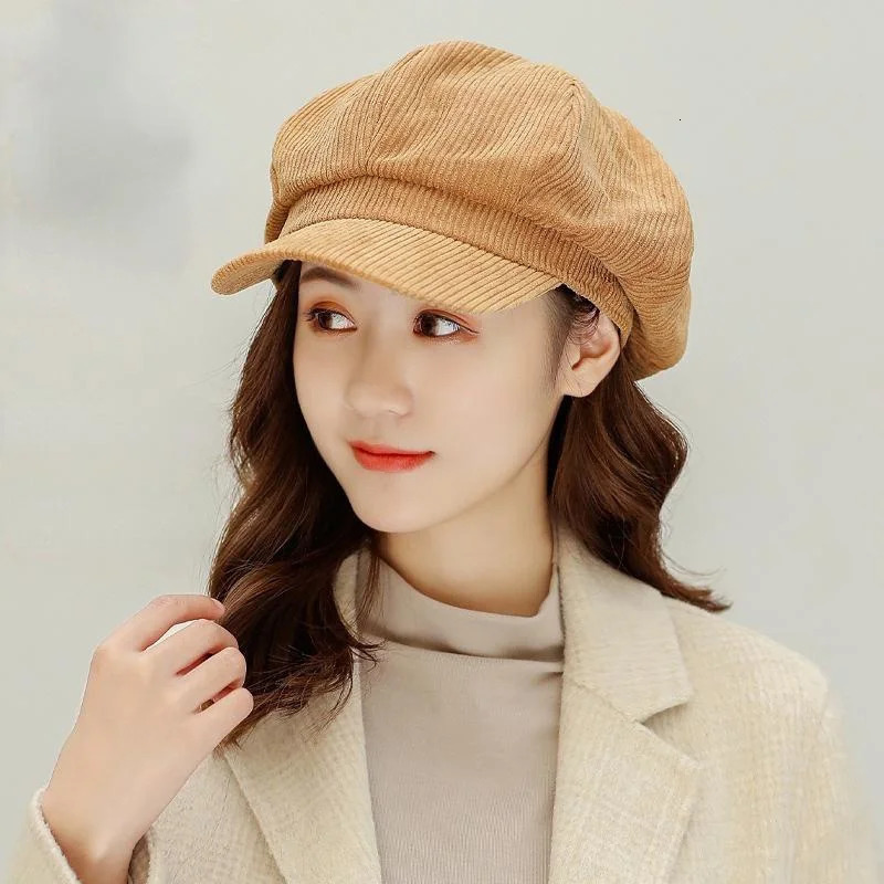 Korean Version Solid Color Women Beret Spring Autumn sboy Hat Vintage Corduroy Cap Painter 241125