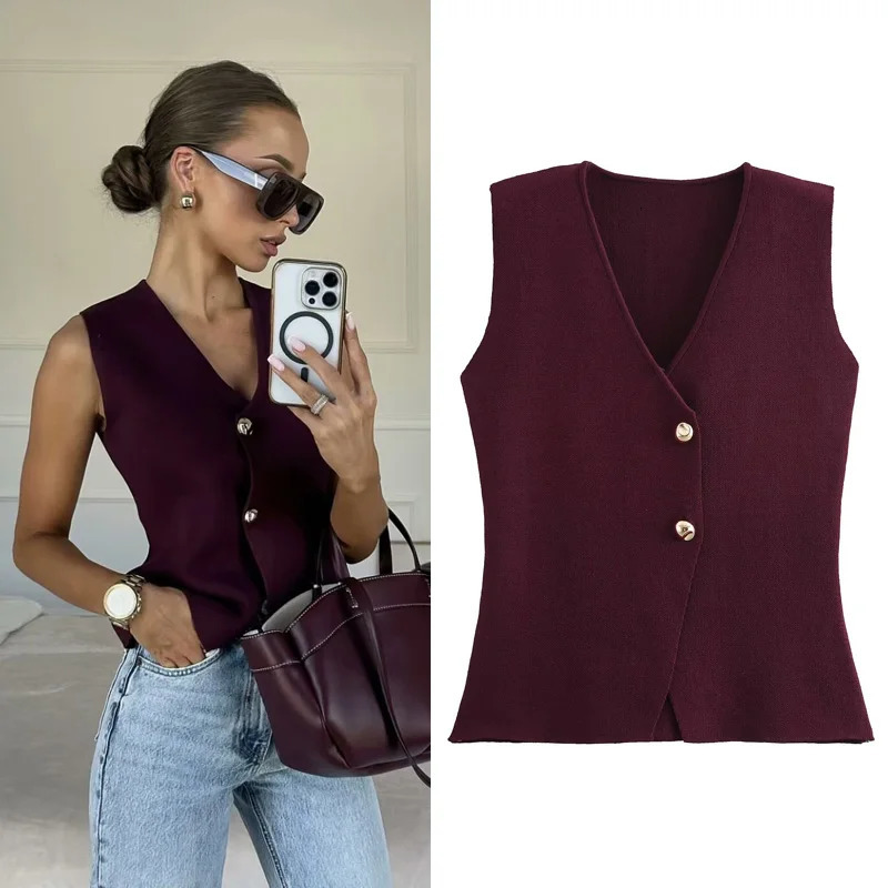 HXAO 2024 Woman Burgundy Knit Vest Womens Fall Crop Sleeveless Waistcoat Bustier V Neck Sweaters Knitwear Cardigan 241120