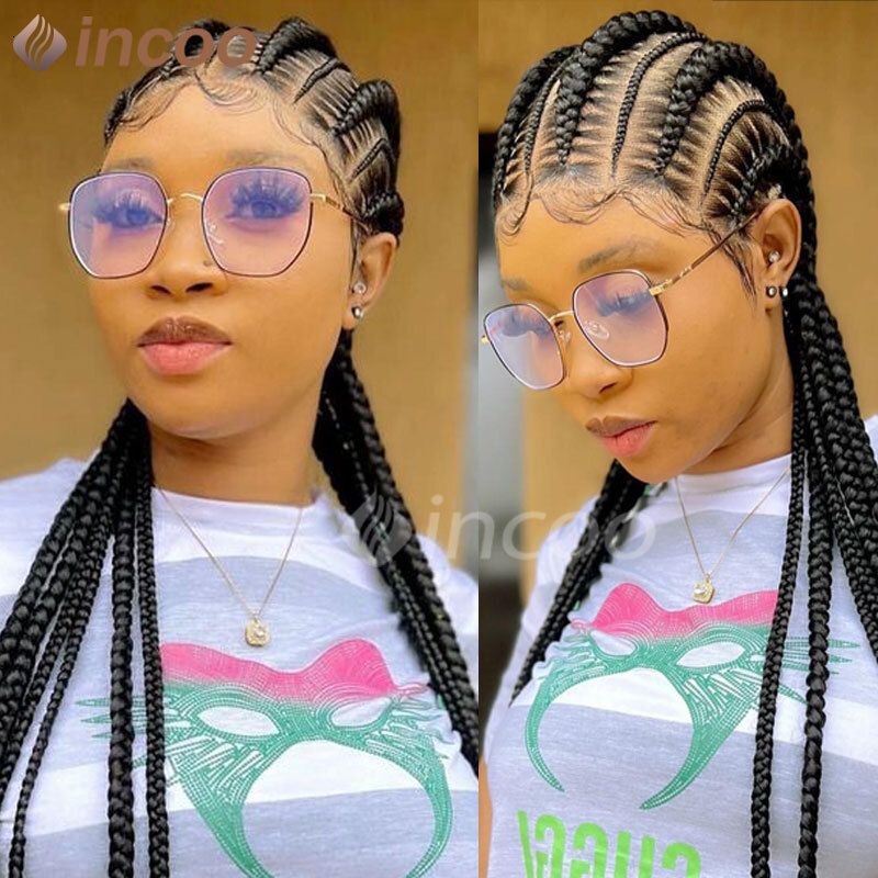 36 Inches Cornrows Synthetic Full For Black Women Jumbo Braided Wigs Lace Frontal Faux Locs Box Braids Wig